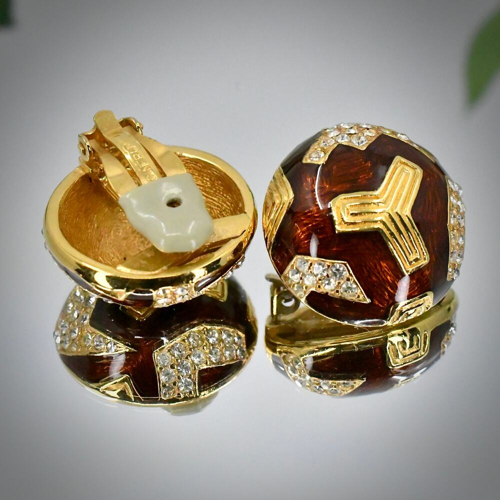 Vintage Signed CINER Tortoiseshell Enamel Gold Tone 3-Lobe Clip On Earrings 27mm